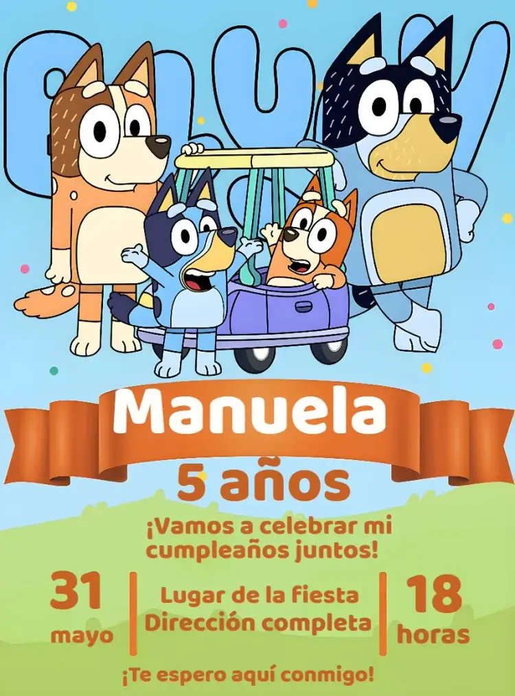 Invitación Bluey Y Bingo Dibujo – tema Más buscados colorido, divertido, infantil, ilustración, moderno