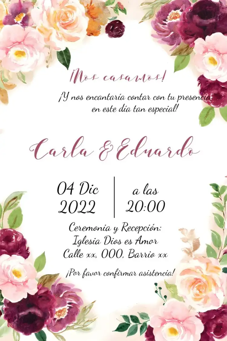 Invitación Boda Floral Flores – tema Boda floral, borgoña, rústico, romántico, elegante, moderno