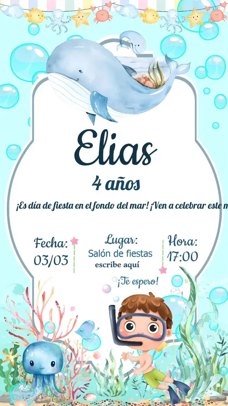 Invitación Fondo Del Mar Niño – tema Cumpleaños Infantil fondo marino, acuarela, azul, ilustraciones lúdicas, marino, divertido