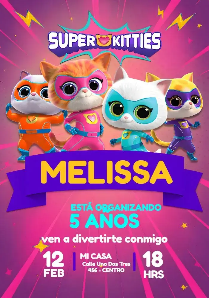 Invitación Super Kitties Rosa Chicas Gatitas