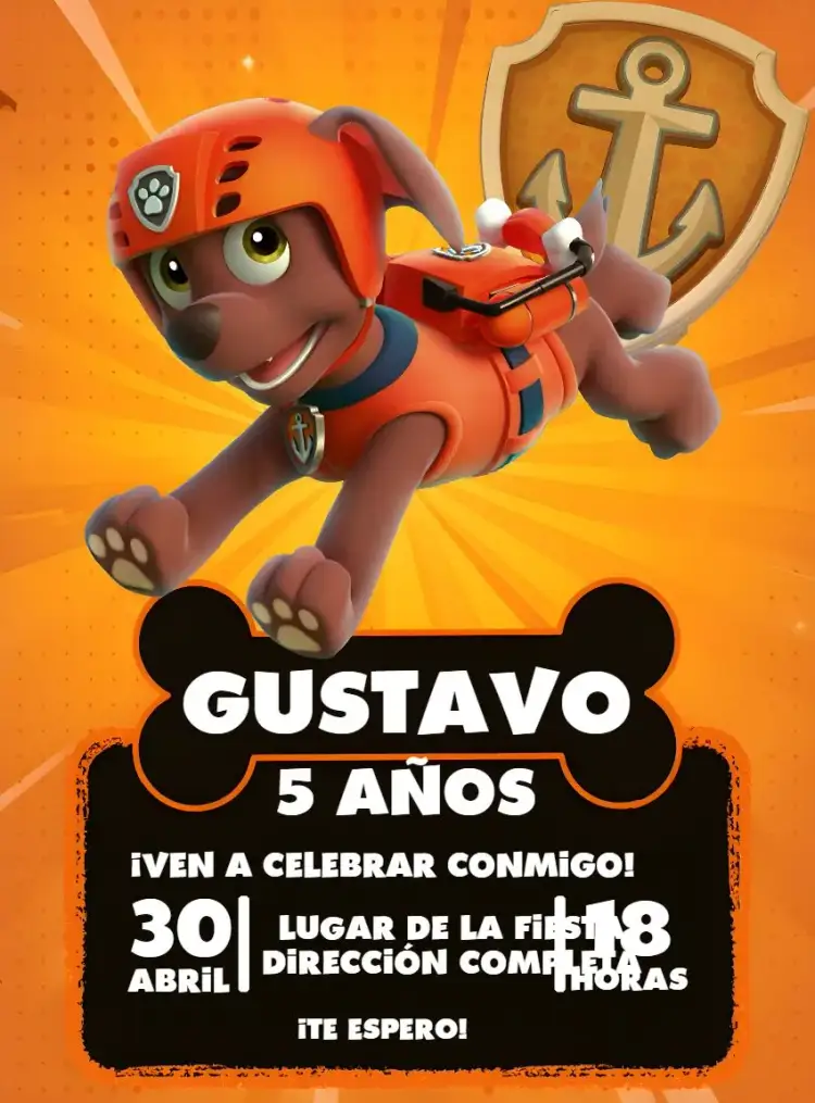Invitación Patrulla Canina Zuma Naranja – tema Cumpleaños Infantil colorido, divertido, infantil, temático, animado