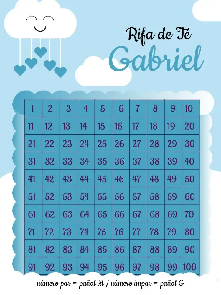 Invitación Té Rifa Lluvia De Amor Bebé – tema Té Rifa nubes, azul claro, blanco, moderno, divertido