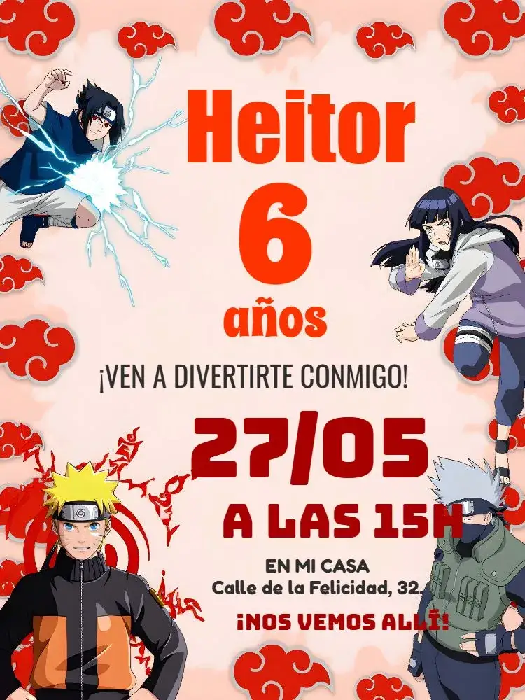 Invitación Naruto Colas – tema Cumpleaños Infantil colores vibrantes, estilo anime, elementos gráficos de ninja, diseño divertido, ilustraciones coloridas