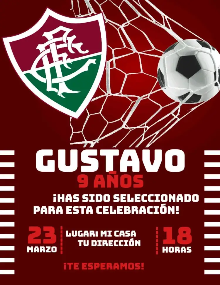 Invitación Fluminense 1 – tema Cumpleaños deportivo, colorido, divertido, juvenil, fútbol, temática del Fluminense