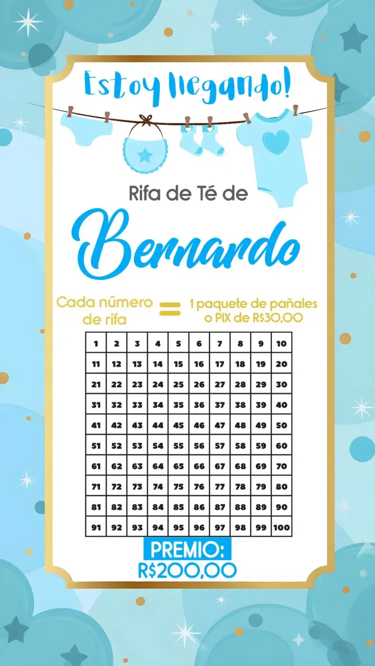 Invitación Té Rifa Tendedero De Ropa 100 – tema Té Rifa azul, dorado, lúdico, infantil, moderno, divertido