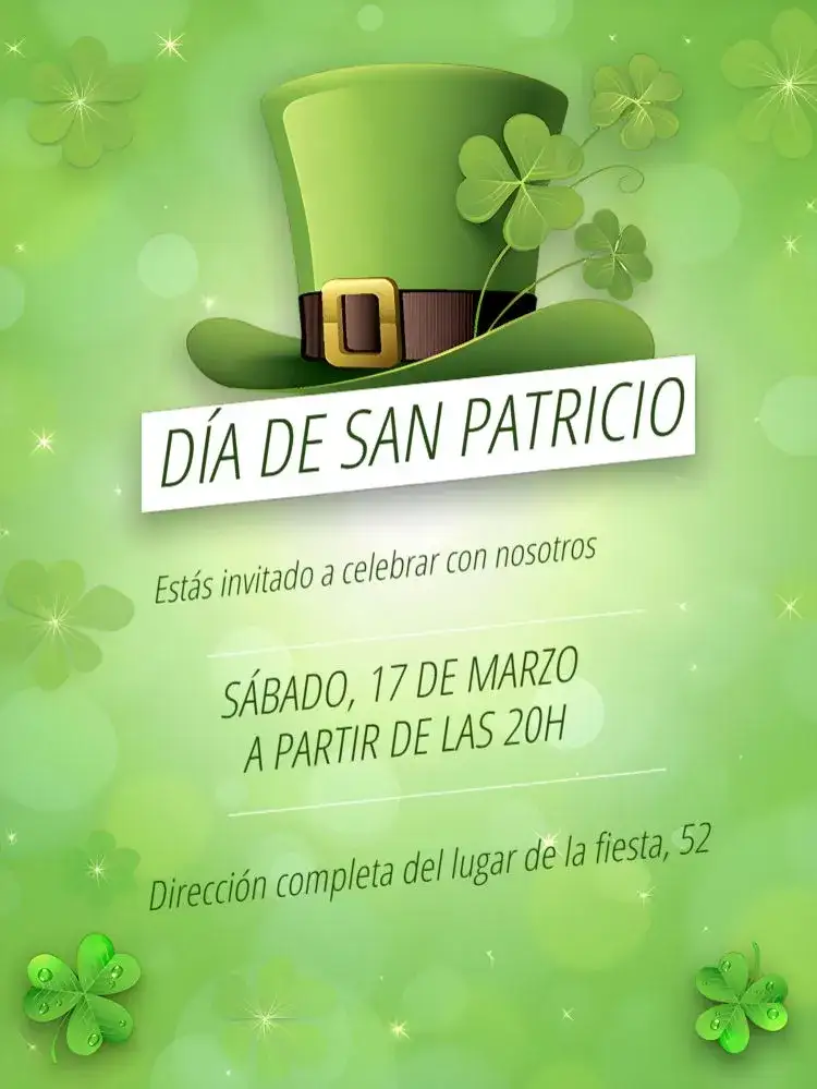 Invitación Día De San Patricio Patrick's – tema Fechas Conmemorativas verde vibrante, tréboles, estilo festivo, diseño moderno, elementos irlandeses