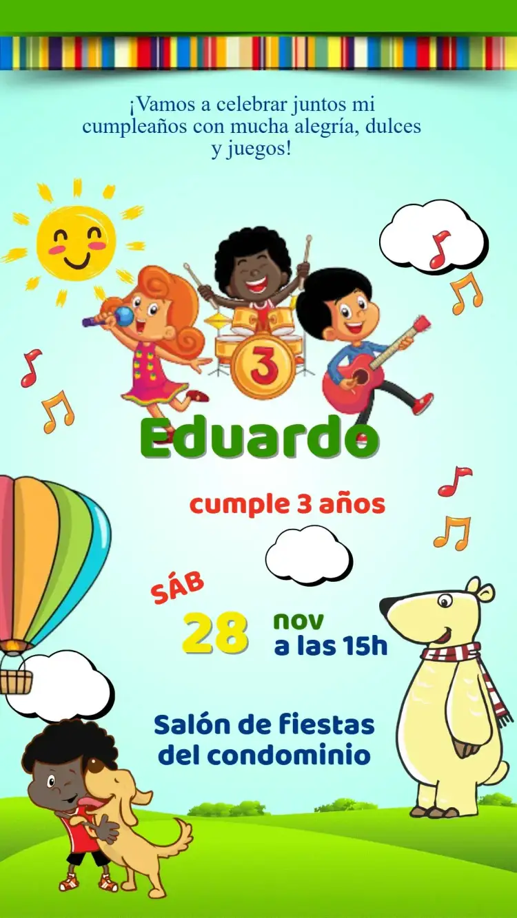 Invitación Invitación Cumpleaños 3 Palabritas – tema Cumpleaños Infantil colorido, gospel, infantil, alegría, fantasía, luz