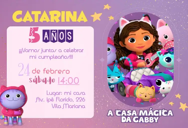 Invitación La Casa Mágica De Gabby Gatitos – tema Cumpleaños Infantil colorido, infantil, mágico, divertido, desenho animado, temática de gatinhos