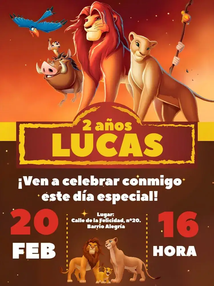 Invitación Rey León Selva – tema Cumpleaños Infantil selva, colorido, disney, aventura, animales, tropical