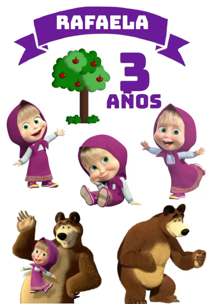 Invitación Topper de Pastel Masha y el Oso Colorido – tema Topper de torta colorido, infantil, lúdico, divertido, temático
