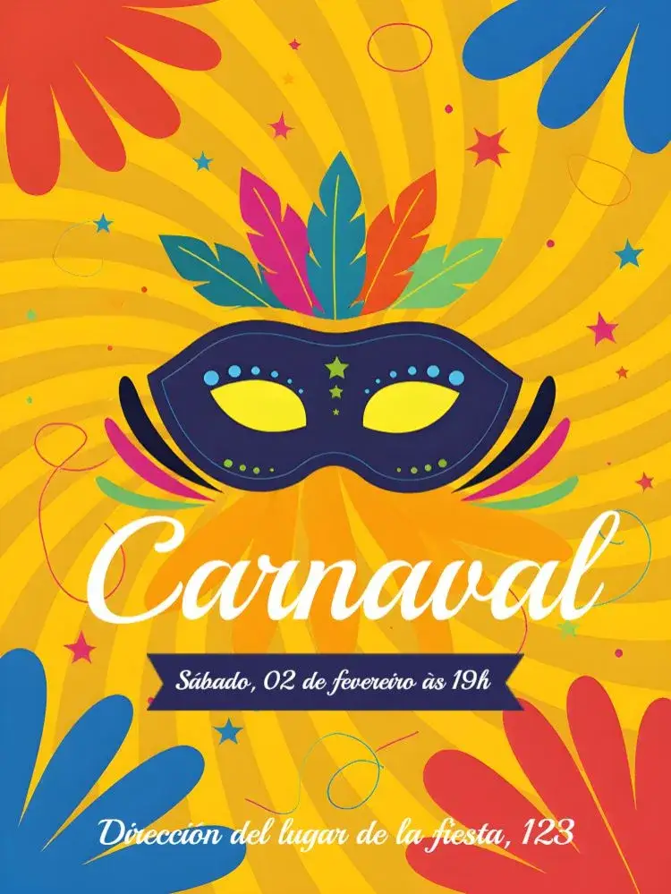 Invitación Carnaval de Plumas – tema Fechas Conmemorativas vibrante, colorido, alegre, tropical, festivo, moderno