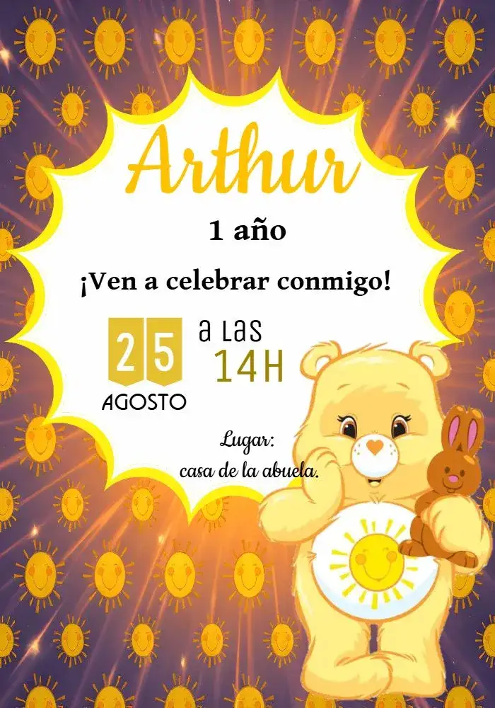 Invitación Osos Cariñosos Sol Amarelo – tema Cumpleaños Infantil divertido, colorido, infantil, lúdico, alegre, temática de ositos
