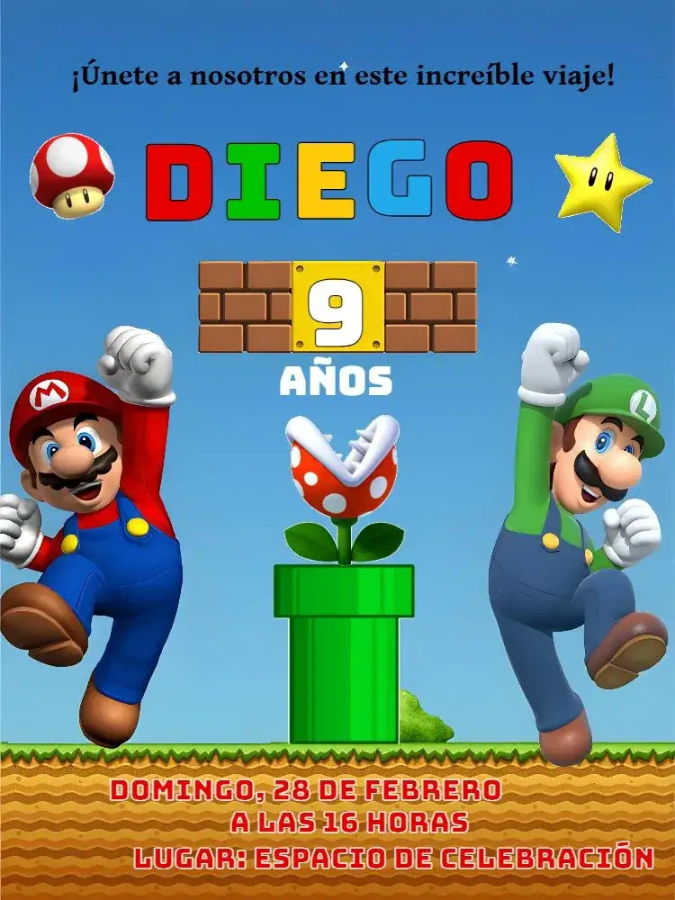 Invitación Super Mario Bros Luigi – tema Más buscados colorido, divertido, juegos, infantil, vibrante, temático