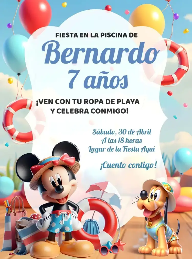 Invitación Mickey Fiesta en la Piscina