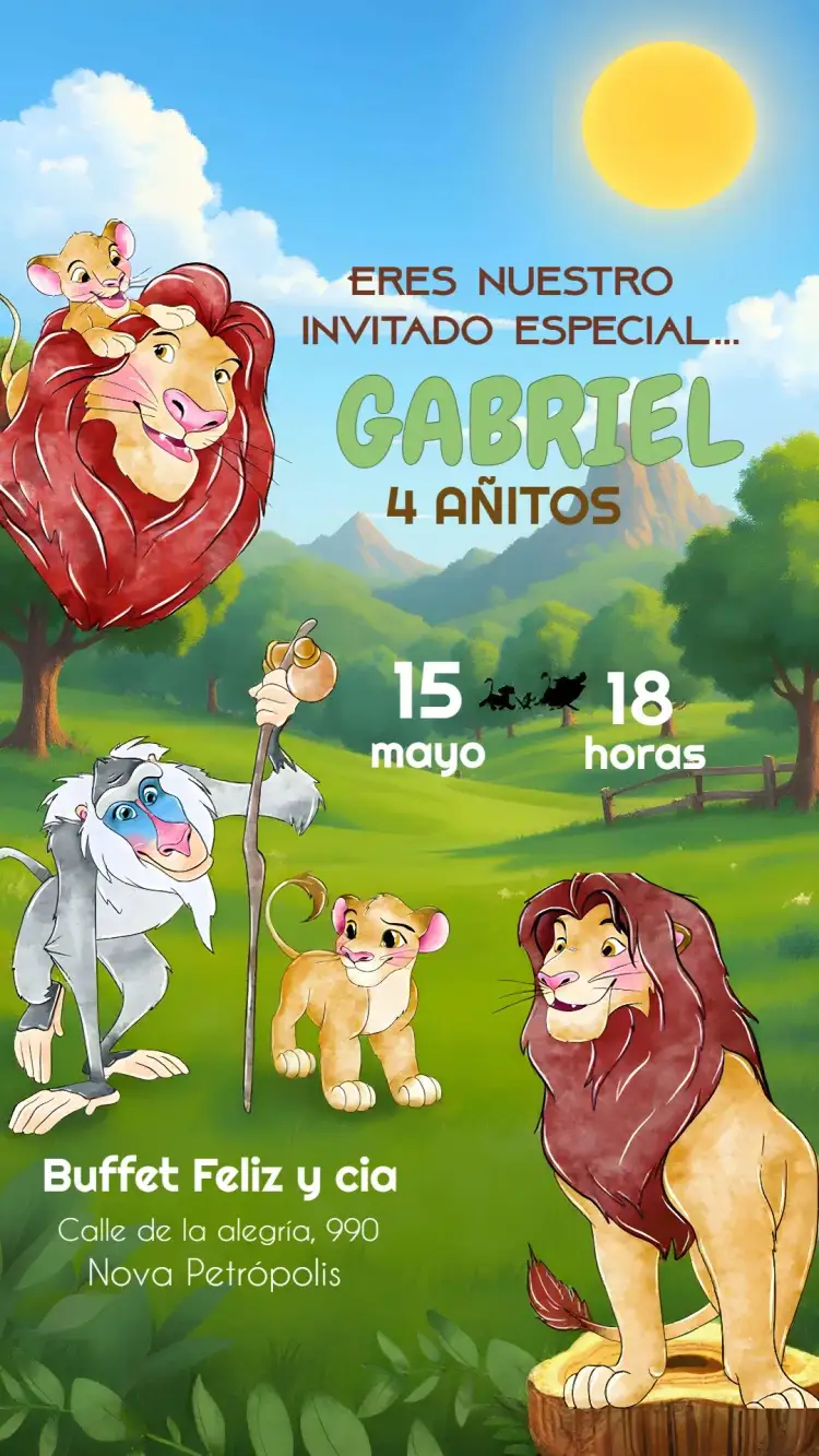 Invitación Rey León Acuarela – tema Cumpleaños Infantil acuarela, animales, colores vibrantes, tropical, naturaleza, divertido