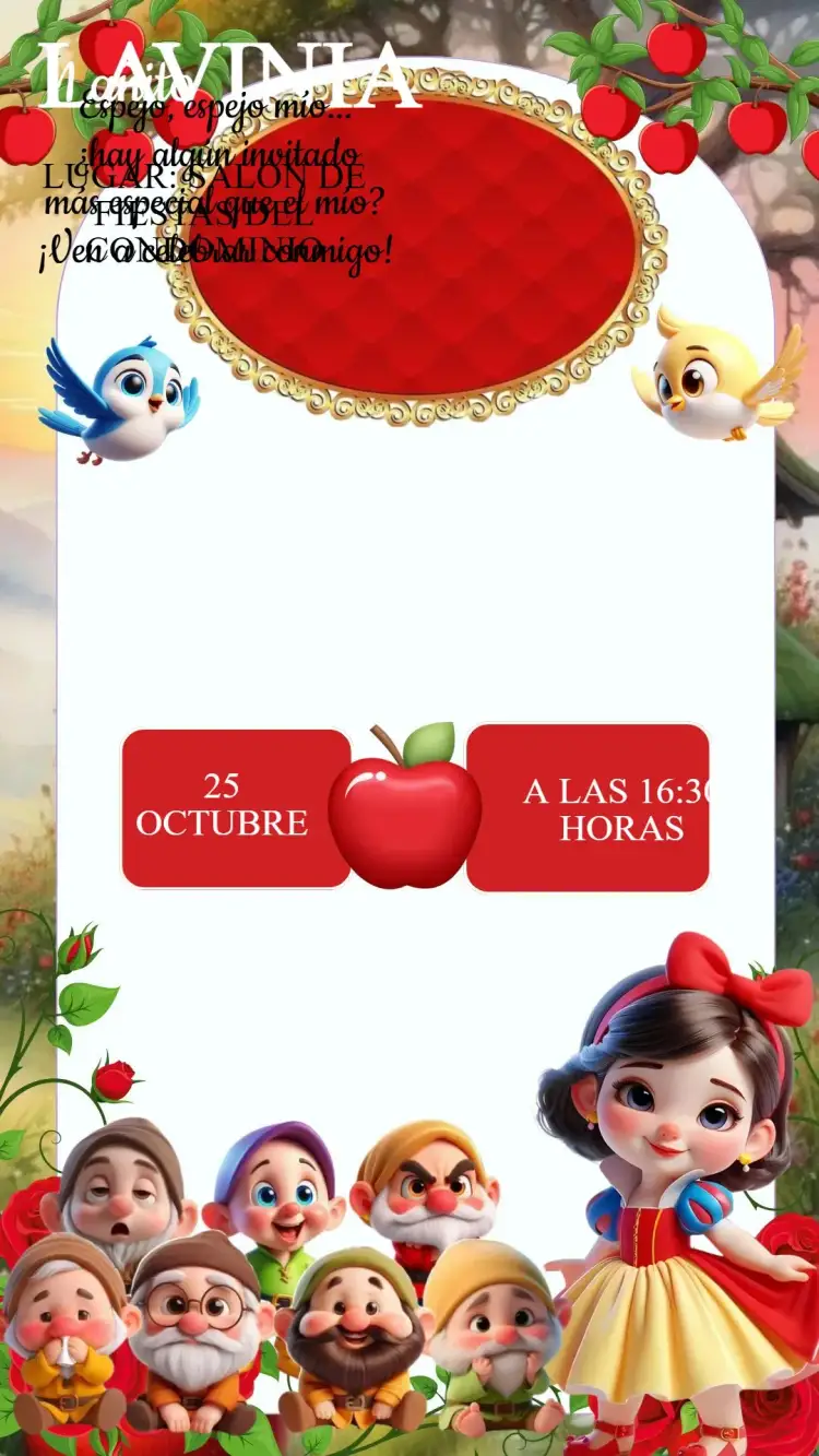 Invitación Invitación Cumpleaños Blancanieves Bebé – tema Cumpleaños Infantil colores vibrantes, estilo de Cenicienta, elementos de cuentos de hadas, diseño encantador, estética mágica