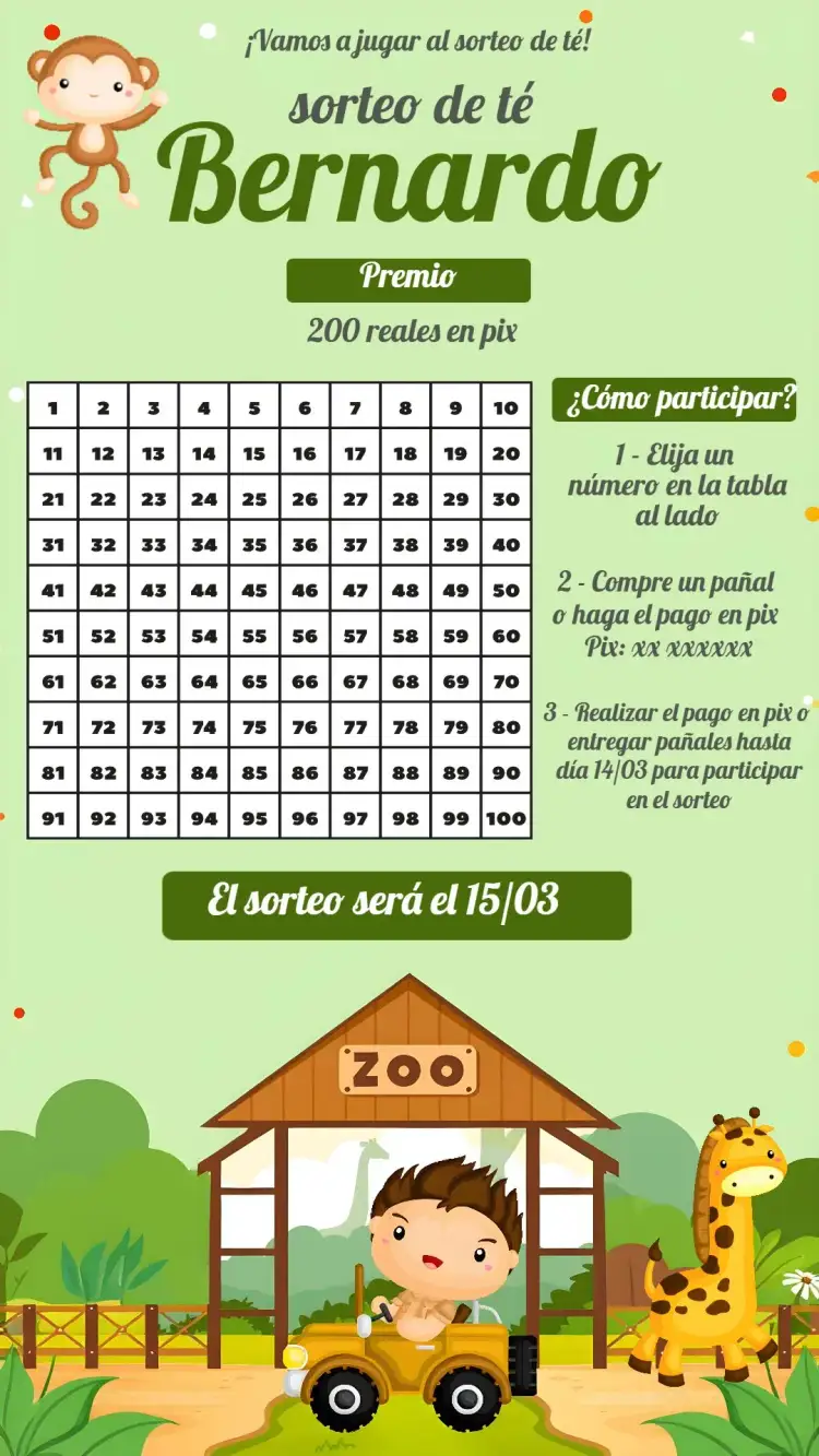 Invitación Té Rifa Safari Cha – tema Té Rifa safari, animales, flores, verde y marrón, rústico, divertido
