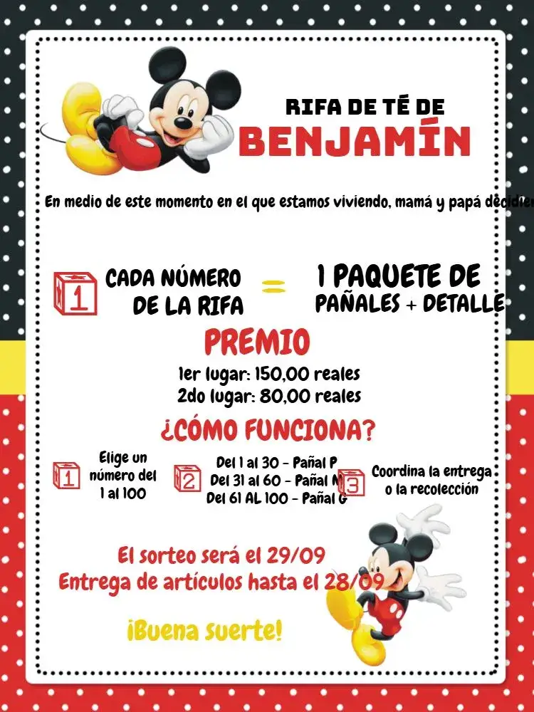 Invitación Cha Rifa Mickey Niño – tema Té Rifa divertido, colorido, infantil, temático, moderno, lúdico