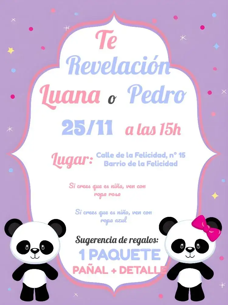 Invitación Baby Shower Panda Azul – tema Revelación Bebé oso panda, azul, blanco, ilustraciones adorables, divertido, moderno