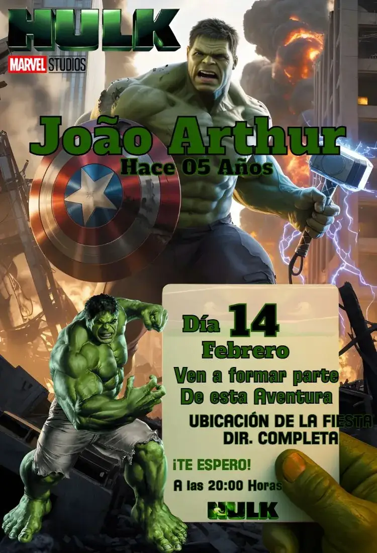 Invitación El Increíble Hulk – tema Cumpleaños verde vibrante, superhéroe, aventura, animación, futurista, divertido