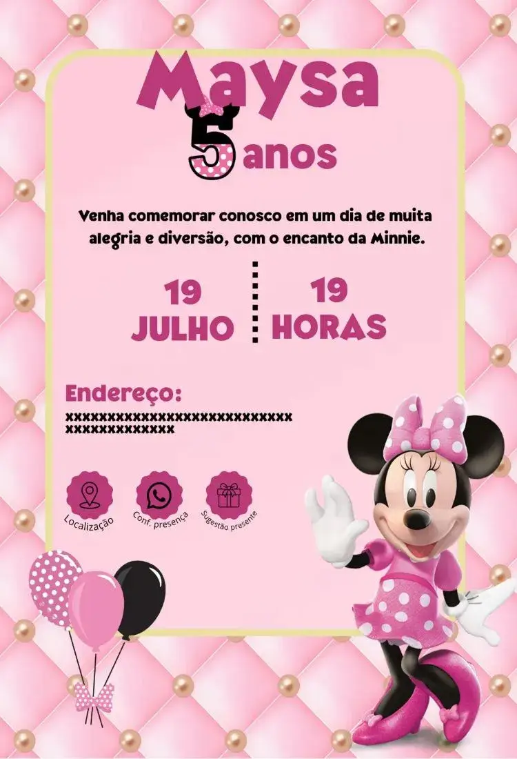 Invitación Minnie Rosa infantil editable y personalizable