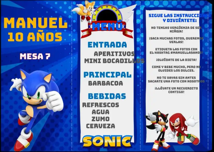 Invitación Menú Triángulo Sonic Ouriço – tema Cumpleaños Infantil moderno, colorido, temático, divertido, jogos, infantil