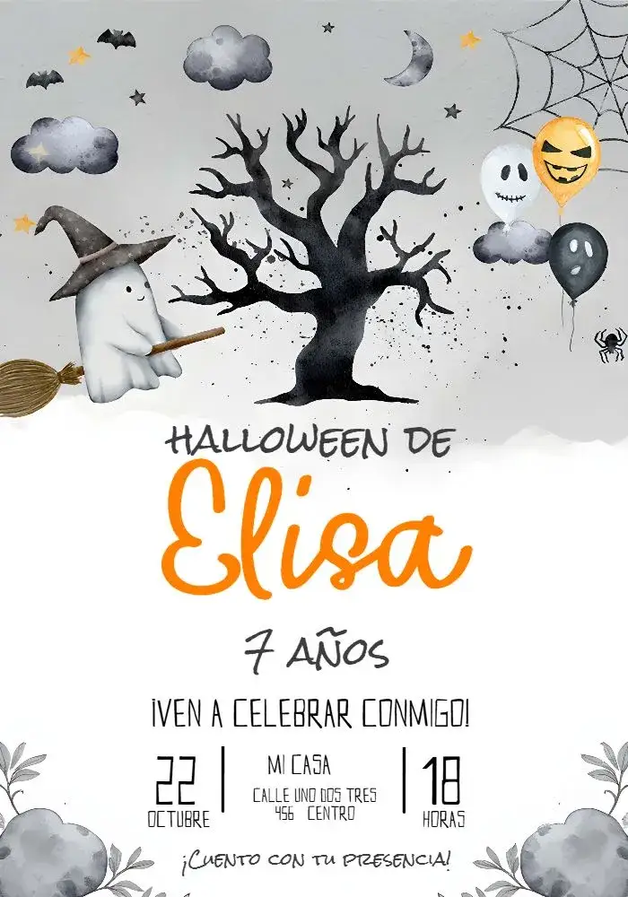 Invitación Día de Halloween – tema Fechas Conmemorativas colores naranja y morado, estilo gótico, elementos gráficos de Halloween, diseño divertido, ilustraciones de brujas, estilo moderno