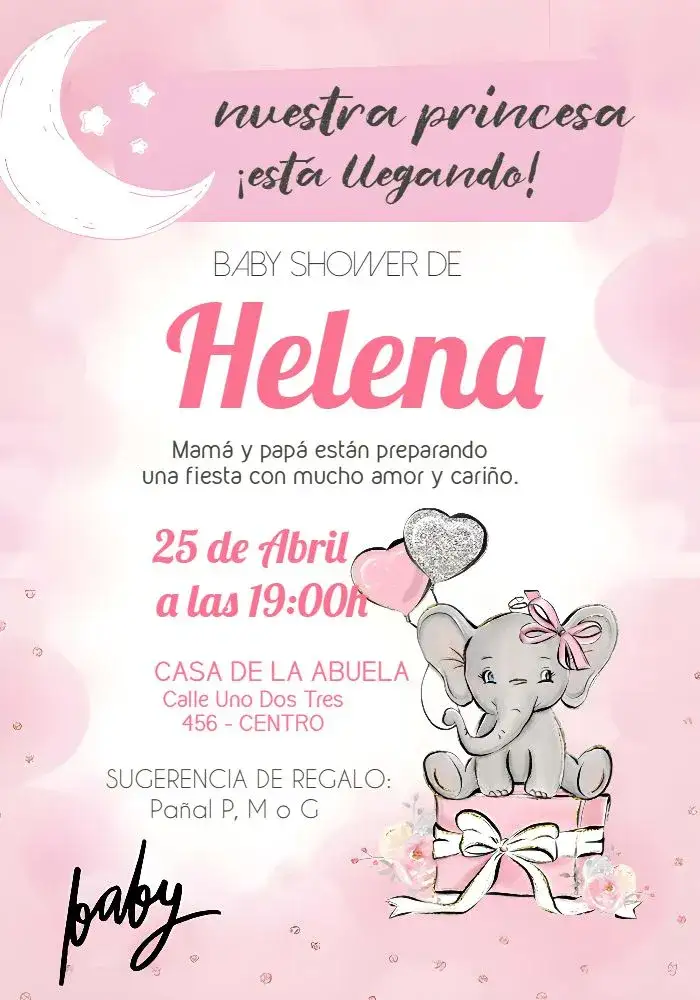 Invitación Baby Shower Osita Globo Aerostático Elefante Rosa Bebé – tema Baby Shower delicado, lindo, colorido, moderno, infantil, minimalista