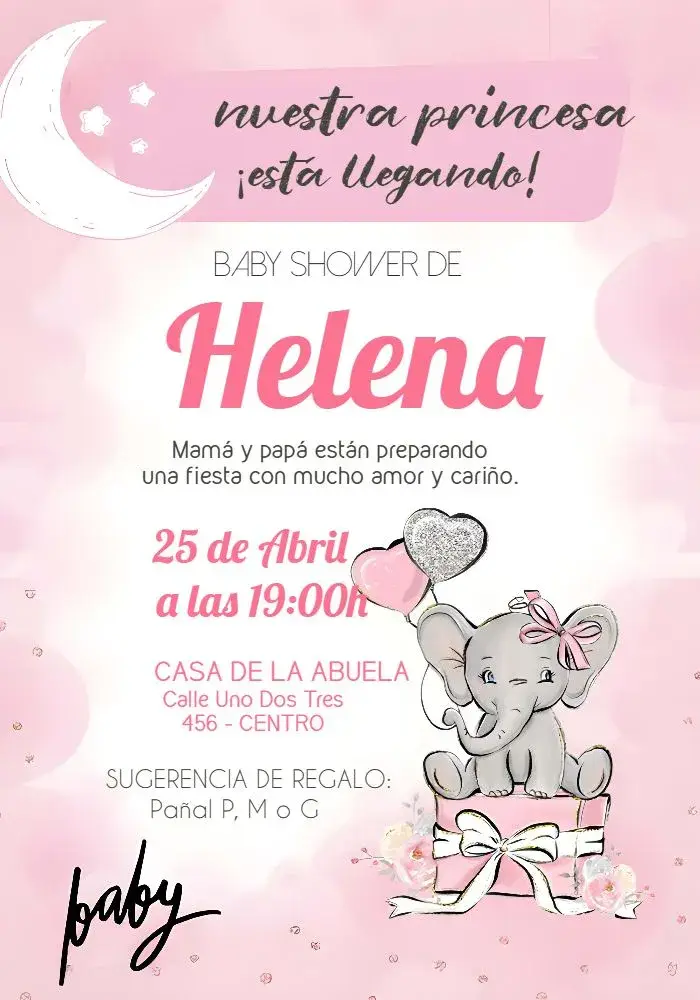 Invitación Baby Shower Osita Globo Aerostático Elefante Rosa Bebé