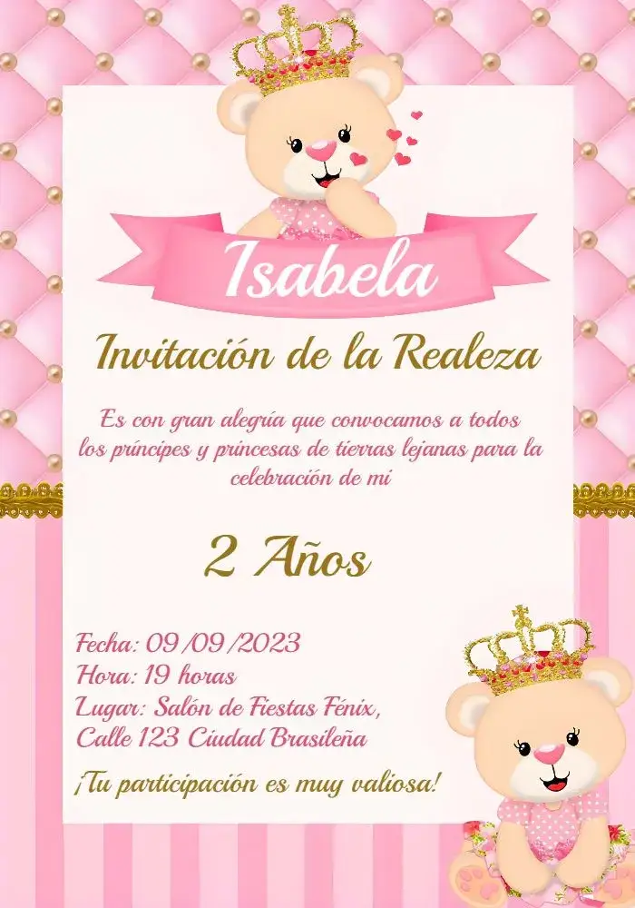 Invitación Tema Princesa Osito – tema Más buscados rosa, dorado, blanco, infantil, lindo, moderno