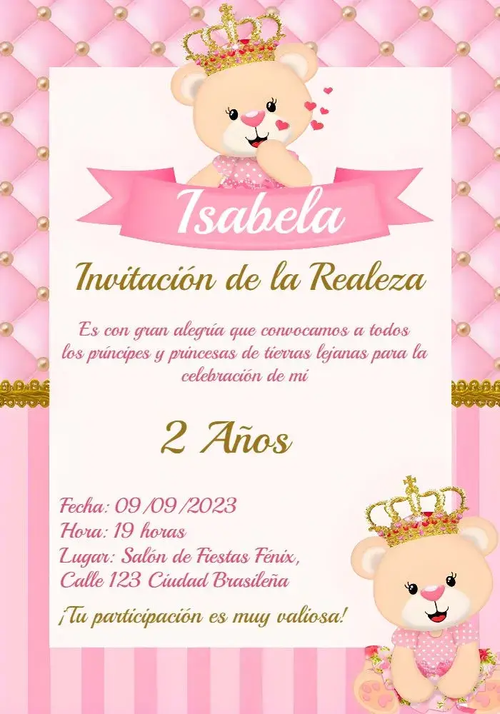Invitación Tema Princesa Osito editable y personalizable
