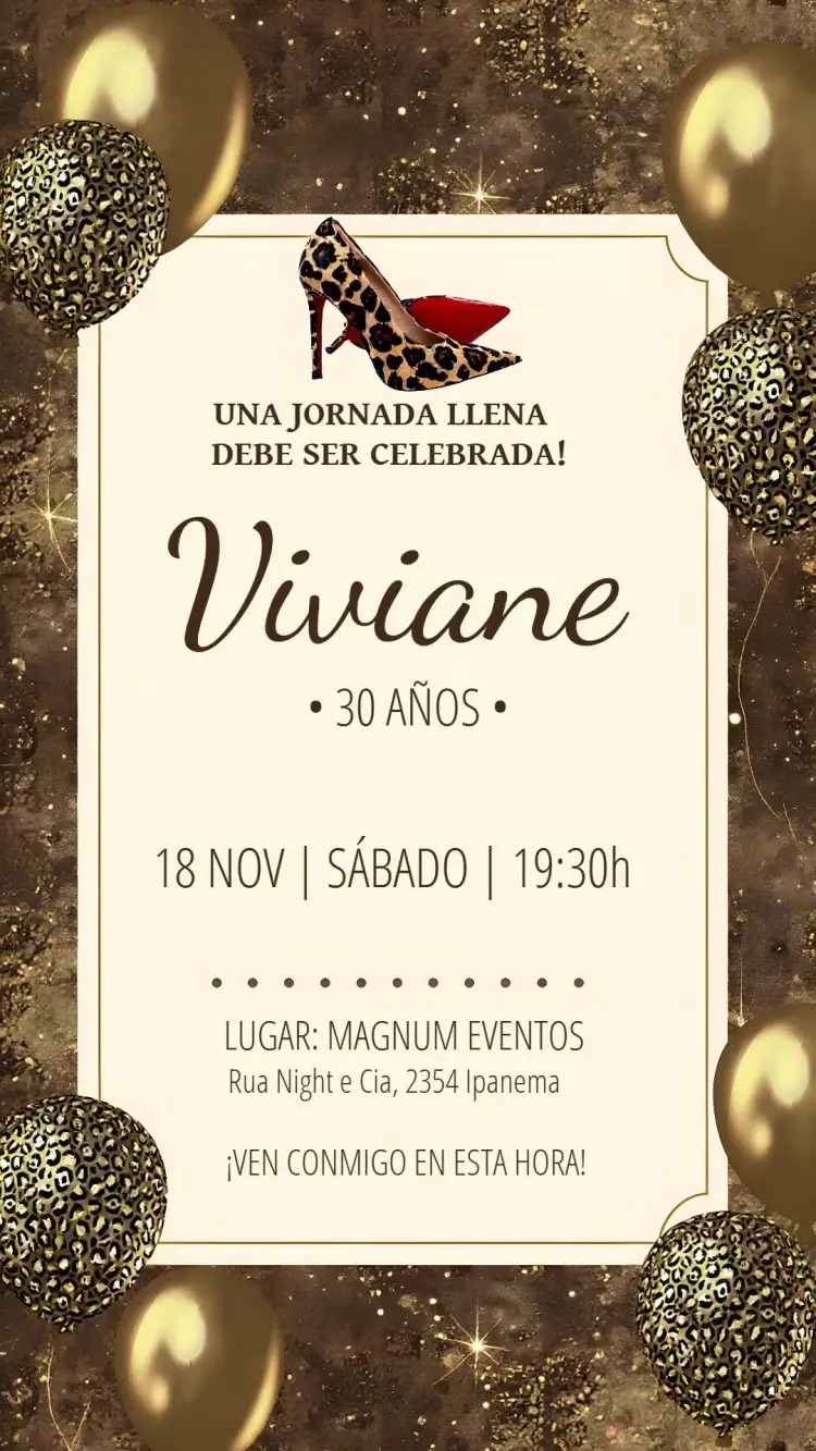 Invitación Oncinha Salto – tema Más buscados dorado, estampado animal, glamuroso, moderno, elegante