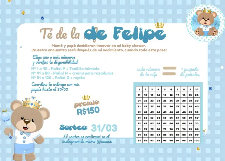 Invitación Chá Rifa Osito Príncipe Globos – tema Té Rifa azul, lúdico, temático infantil, fofo, decoração com balões, ursinhos de pelúcia