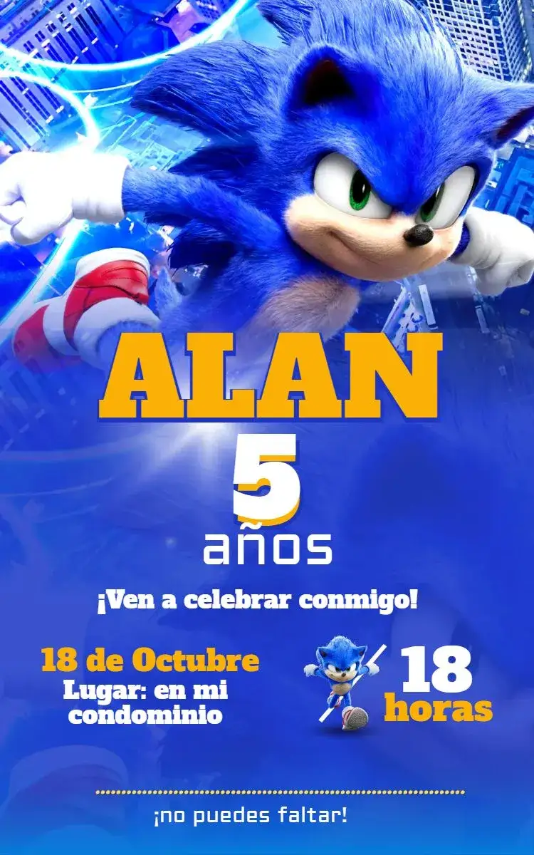 Invitación Sonic – tema Cumpleaños Infantil colorido, moderno, temático, jovial, divertido