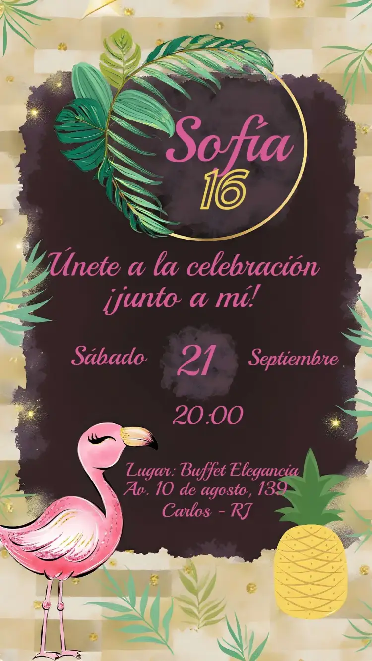 Invitación Flamingo Frutas – tema 15 años tropical, colorido, divertido, veraniego, vibrante, moderno