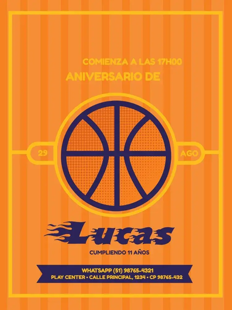 Invitación Baloncesto Naranja Claro – tema Cumpleaños Infantil lúdico, colorido, deportivo, moderno, infantil