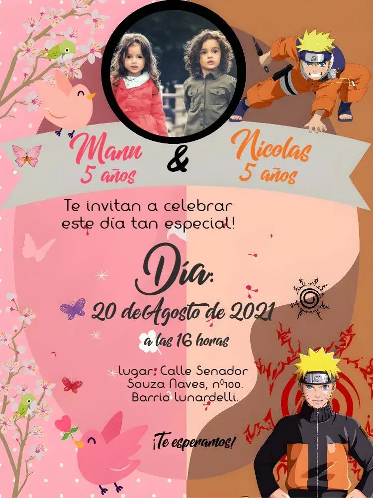 Invitación Doble Jardín Encantado Y Naruto Con Foto Niña