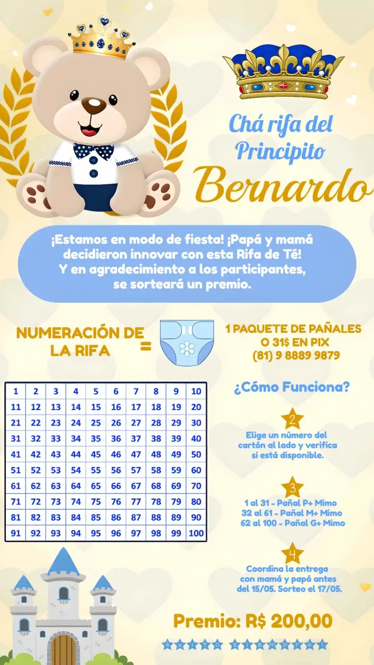 Invitación Té Rifa Osito Príncipe Bebé