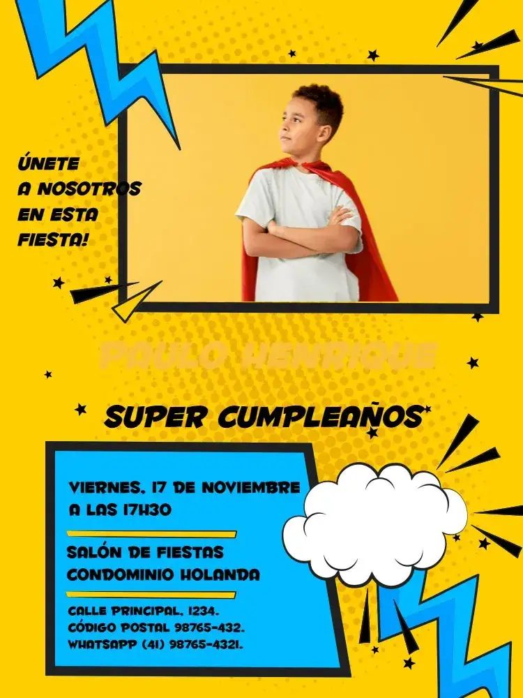 Invitación Superhéroe Con Foto Encuentro – tema Cumpleaños Infantil colores vibrantes, estilo de cómic, elementos de superhéroes, ilustraciones divertidas, diseño colorido, temática infantil
