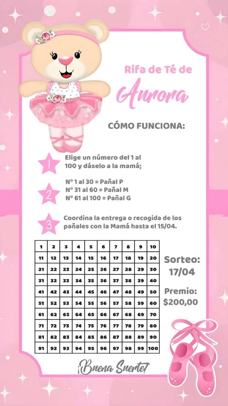 Invitación Té Rifa Osita Bailarina Niña – tema Té Rifa rosa, blanco, floral, bailarina, infantil, lúdico