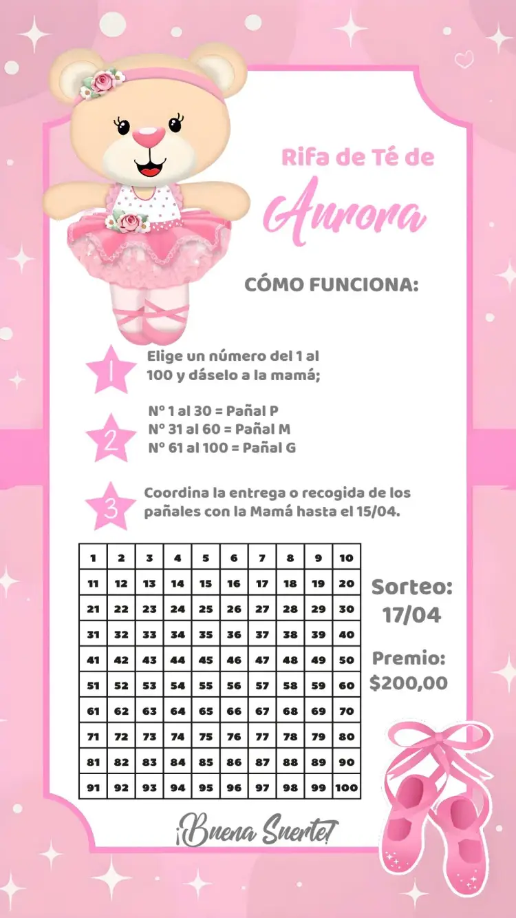 Invitación Té Rifa Osita Bailarina Niña