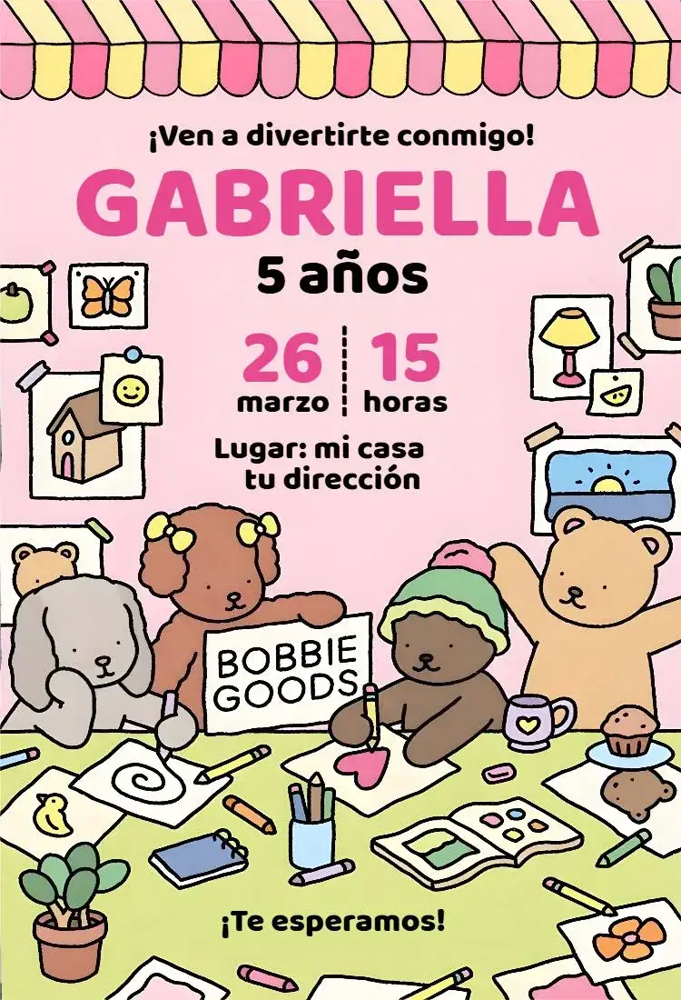 Invitación Bobbie Goods – tema Cumpleaños Infantil rosa, infantil, delicado, divertido, colorido, moderno