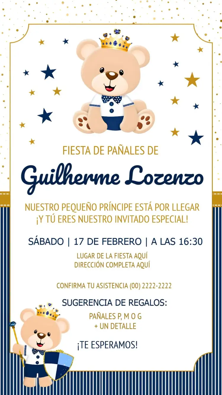 Invitación Baby Shower Príncipe Azul – tema Baby Shower azul, dorado, oso de peluche, estrellas, realeza, infantil