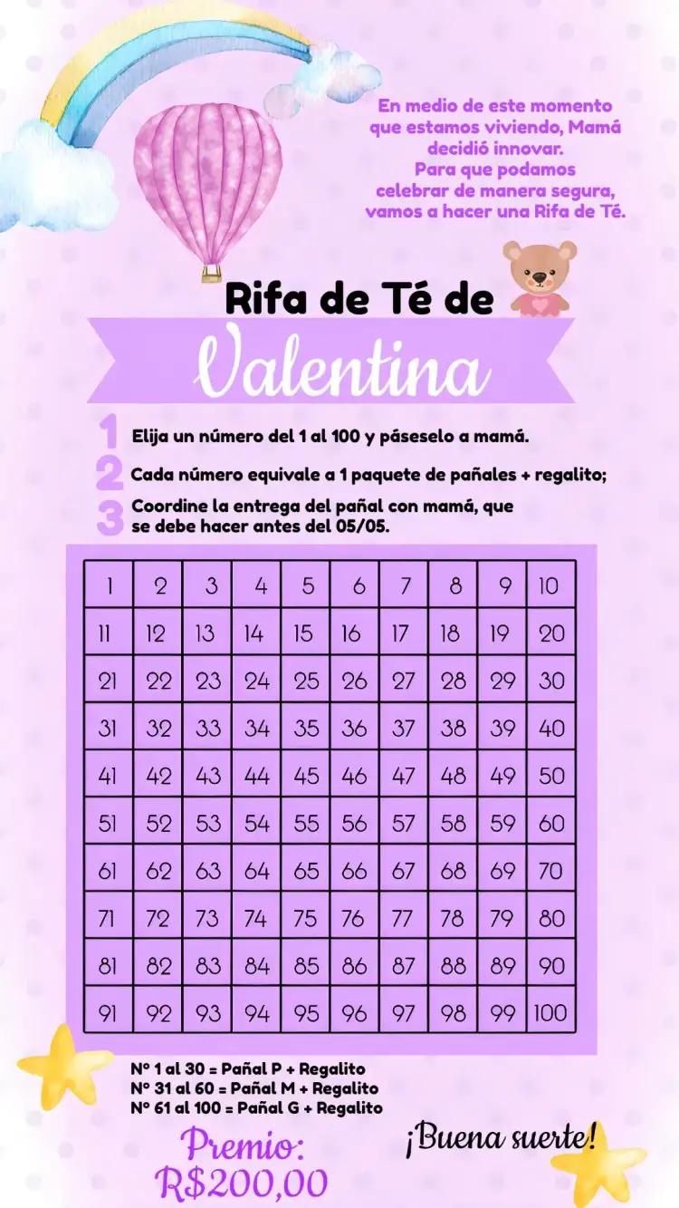 Invitación Chá Rifa Osito Cartela – tema Té Rifa lila, tierno, colorido, infantil, globos, tetera