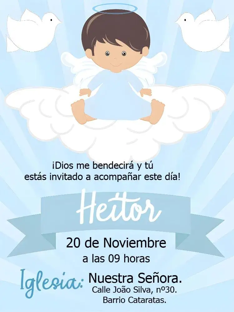 Invitación Bautizo Niño Azul – tema Bautismo azul claro, blanco, ángeles, minimalista, religioso, infantil