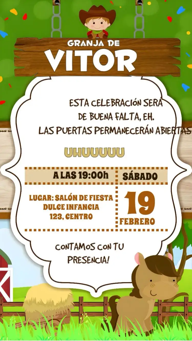Invitación Caballo Granjita Whatsapp – tema Cumpleaños Infantil granja, rústico, colorido, divertido, lúdico, infantil