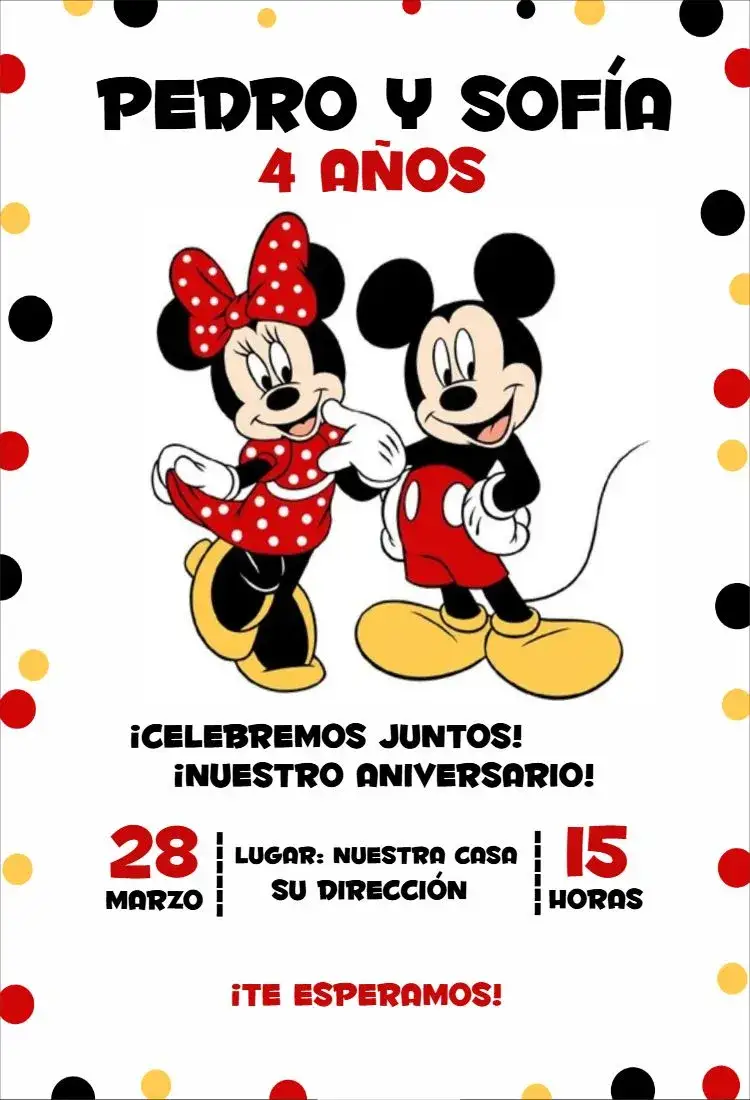 Invitación Minnie y Mickey 2 – tema Cumpleaños colorido, lúdico, temático, divertido, infantil