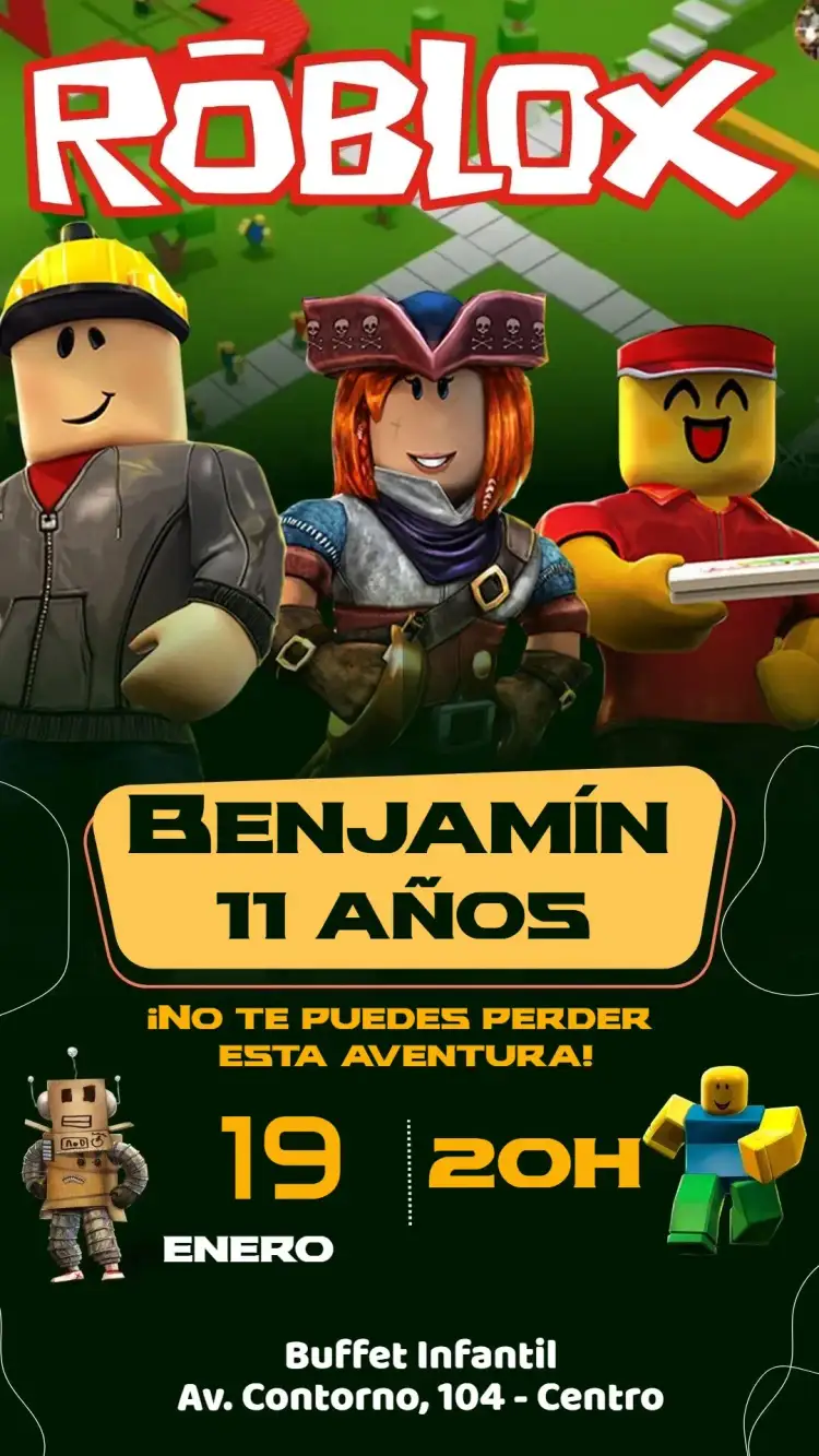 Invitación Roblox – tema Cumpleaños Infantil colorido, juegos, divertido, moderno, temática digital