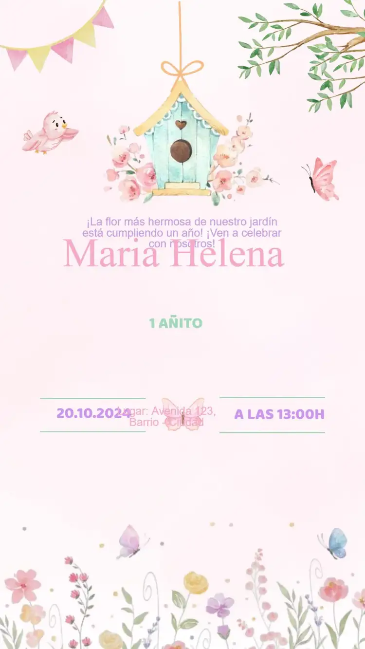 Invitación Invitación Cumpleaños Jardín Encantado – tema Cumpleaños Infantil flores coloridas, elementos mágicos, estilo lúdico, colores vibrantes, diseño infantil, inspirado en la naturaleza