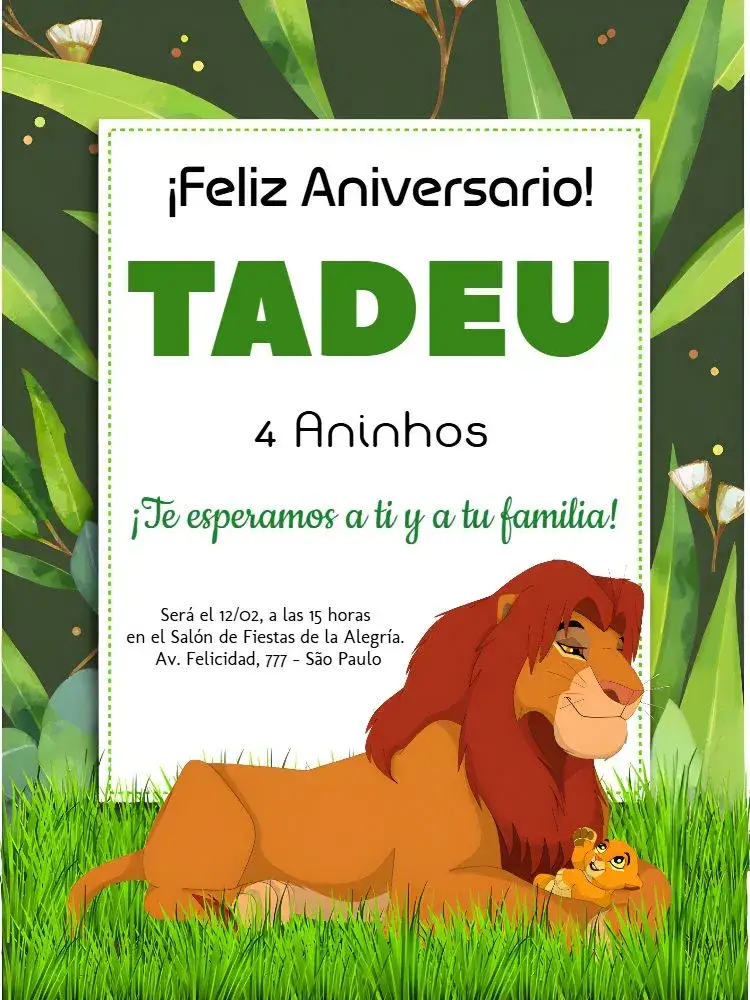 Invitación Rey León Hojas – tema Cumpleaños Infantil tropical, animales, colorido, divertido, folletos, salvaje